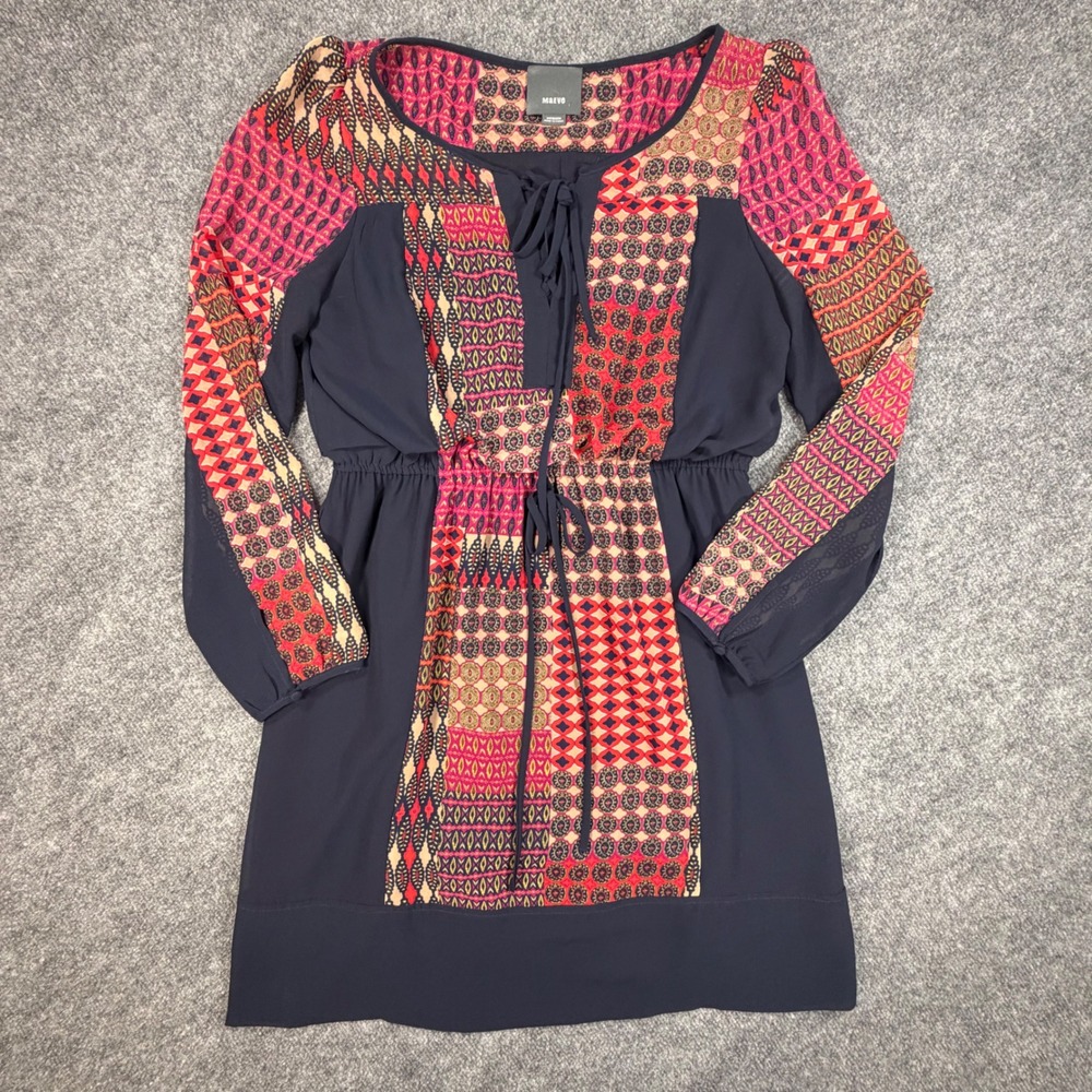 Maeve Anthropologie Womens Medium Mixed Print Lace Up Mini Dress Navy Red 0873
